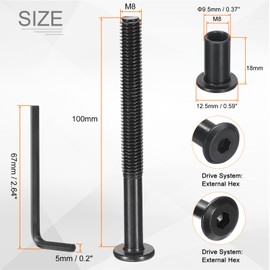 sourcing map 5Sets M8x100mm Hex Drive Socket Cap Bolt and M8x18mm Nuts with Hex Wrench, Furniture Connector Bolts and Screws for Furniture Countersunk Belt, Black
