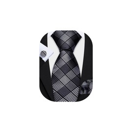 Barry.Wang Men Tie Set Plaid Black Grey Silk Necktie Pocket Square Cufflinks Formal Wedding Party Business
