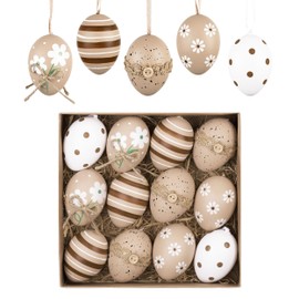 Valery Madelyn 12Pcs Plastic Easter Eggs Ornaments Tree Decoration, 2'' Beige White Easter Eggs Bulk for Easter Decorations, Shatterproof Decorative Hanging Egg for Spring Holiday Party Decor