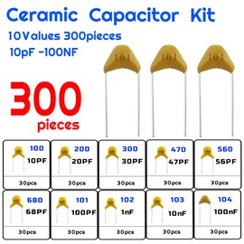 VIBICCK 10 Values 300pcs Monolithic Ceramic Capacitor Assortment Kit 10pF 20pF 30pF 47pF 56pF 68pF 100pf 1NF 10NF 100NF(100-104)