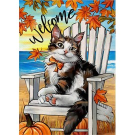 Covido Welcome Fall Cat Beach Chair Decorative Garden Flag, Autumn Pet Coastal Maple Leaves Pumpkin Yard Outside Decorations, Thanksgiving Nautical Outdoor Small Home Decor Double Sided 12 x 18