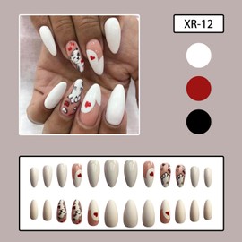 Press on Almond Nails-24Pcs Artificial White False Nails with Cute Heart Cat Designs Heart Glossy Full Cover Medium Acrylic Fake Nails Glue Stick on Fingernails for Women Girls