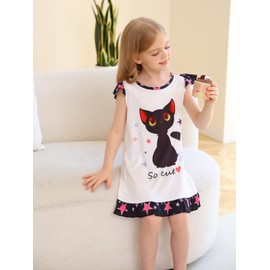 COTRIO Girls Nightgowns Cat Pajamas 3D Cute Cartoon Print Nightdress Sleep Wear Birthday Nightie Clothes for Kids 5-6 Years