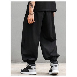 Verdusa Men's Drawstring Waist Harem Pants Casual Streetwear Baggy Joggers with Pockets Black Medium