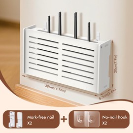 WiFi Router Box Hider No Drill Wall Mount Router Storage Box with Bottom Ventilation Holes Cable Management Organizer for Modem Power Strip White 15"x7.9"x3.3" Includes Adhesive Hooks