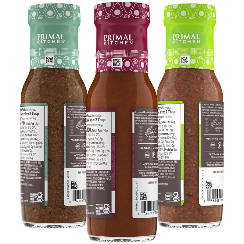 Primal Kitchen Italian Dressing, Balsamic Vinaigrette, and Greek Dressing &