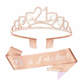 Amariver 21st Birthday Sash and Crown for Girls - Rose Gold Rhinestone Tiara & Sash Set - 21&Fabulous Birthday Decoration for Party Gifts