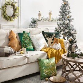 Phantoscope Pack of 4 Merry Christmas Throw Pillow Covers, Velvet Christmas Santa Tree and Car Decorative Pillowcases Cushion Cover, Red and Green, 18 x 18 inch 45 x 45 cm