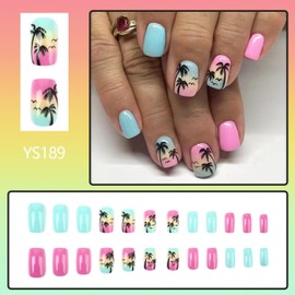 Summer Press on Nails Square Beach Fake Nails Short Square False Nails with Coconut Tree Designs Acrylic Nails Holiday Glue on Nails Glossy Short Artificial Nails Stick on Nails for Women