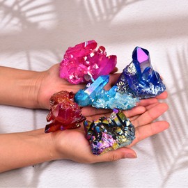 JIC Gem Set of 5 Mixed Natural Titanium Coated Crystal Quartz Purple Cluster Geode Druzy Home Decoration Gemstone Specimen