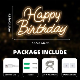 Happy Birthday Neon Sign for Wall Decor,Led Happy Birthday Neon Light Sign,USB Powered Dimmable Light Up Sign for Birthday Party Backdrop Decoration, Warm White, 16.5x9.8 inch