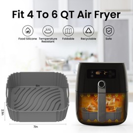Redfly 2 Pack Air Fryer Silicone Liners, Square Airfryer Liners, Silicone Air Fryer Liners Reusable for 4-6 QT, Air Fryer Accessories Replacement for Parchment, Airfryer Liners Silicone Gray&Black
