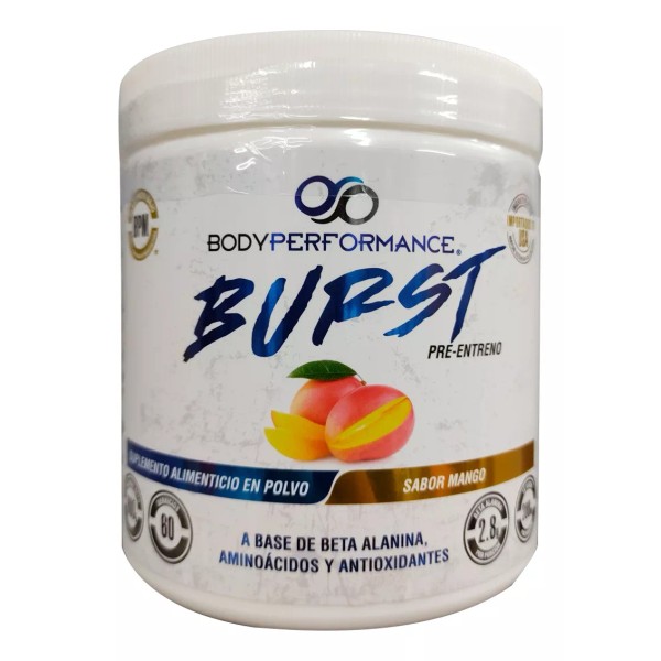 Body Performance Burst Pre Entreno.  Polvo sabor mango 600g.