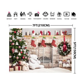 Aisnyho Christmas Backdrop Sock Gifts Tree Xmas Fireplace Backdrop Background for Photography Family Party Decorations New Year Picture Banner (7x5FT)