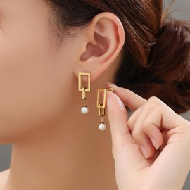 Duo Rectangle Pearl Earrings by Kylie Yang – 304 Stainless Steel, 14k Gold-Plated, Minimalist Geometric Drop Earrings, Pearl Accent