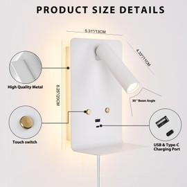 ZEROUNO LED Wall Lamp with USB-C/A Ports & Adjustable Headboard - Dimmable Reading Light, Backlight Night Wall Mounted, Touch Control Bedroom Lighting for Bedside, Living Room, Study, Hallway