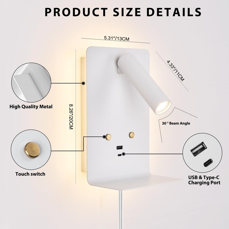 ZEROUNO LED Wall Lamp with USB-C/A Ports & Adjustable Headboard