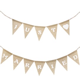 Andibro Just Married Hessian Banner, Wedding Bunting Banner Just Married Garland Vintage Bunting for Wedding Proposal Bridal Shower Engagement Party Car Photo Props Decoration