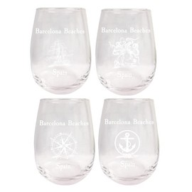 R and R Imports Barcelona Beaches Spain Souvenir 9 Ounce Laser Engraved Stemless Wine Glass Nautical Designs 4-Pack