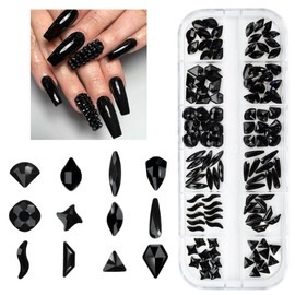 qiipii 120Pcs Black Rhinestones Nail Charms 12 Shapes Flatback Jet Black Big Gems Pure Black K9 Glass Nail Stones Diamonds jewels Nail Art Supplies Nail Decor for Acrylic Nails Face Eyes Makeup DIY