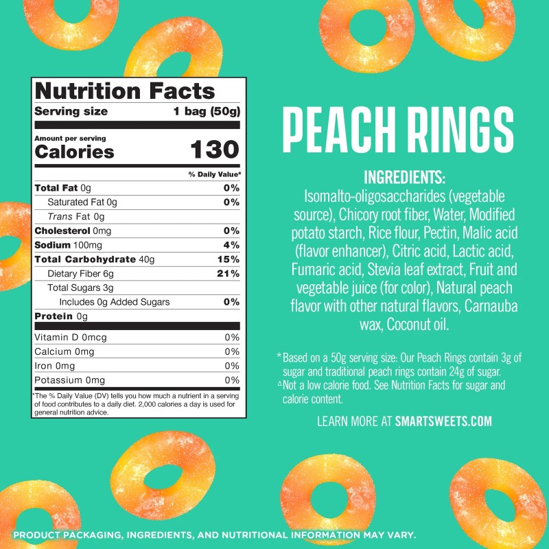 SmartSweets Low Sugar Peach Rings 12 Pack 1.8 Ounce 3g