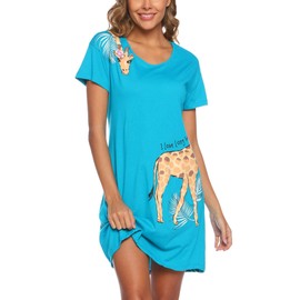 ENJOYNIGHT Women Nighties Short Sleeve Nightshirt Ladies Cotton Blend Soft Nightdress Print Sleepshirt Loungewear (Medium,Blue Giraffe)