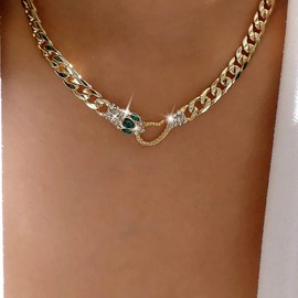 Aneneiceera Vintage Emerald Snake Choker Necklace Punk Crystal Snake Pendant Necklace Gold Serpent Collar Necklace Chunky Curb Chain Necklace Jewellery for Women and Girls (Gold A), Metal