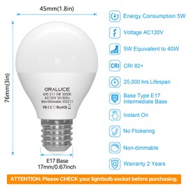 ORALUCE E17 LED Bulb 5 Watts Warm White 3000K, 40W Equivalent A15/G45 Globe Ceiling Fan Light Bulbs, 500 Lumens Non-Dimmable, 6 Pack