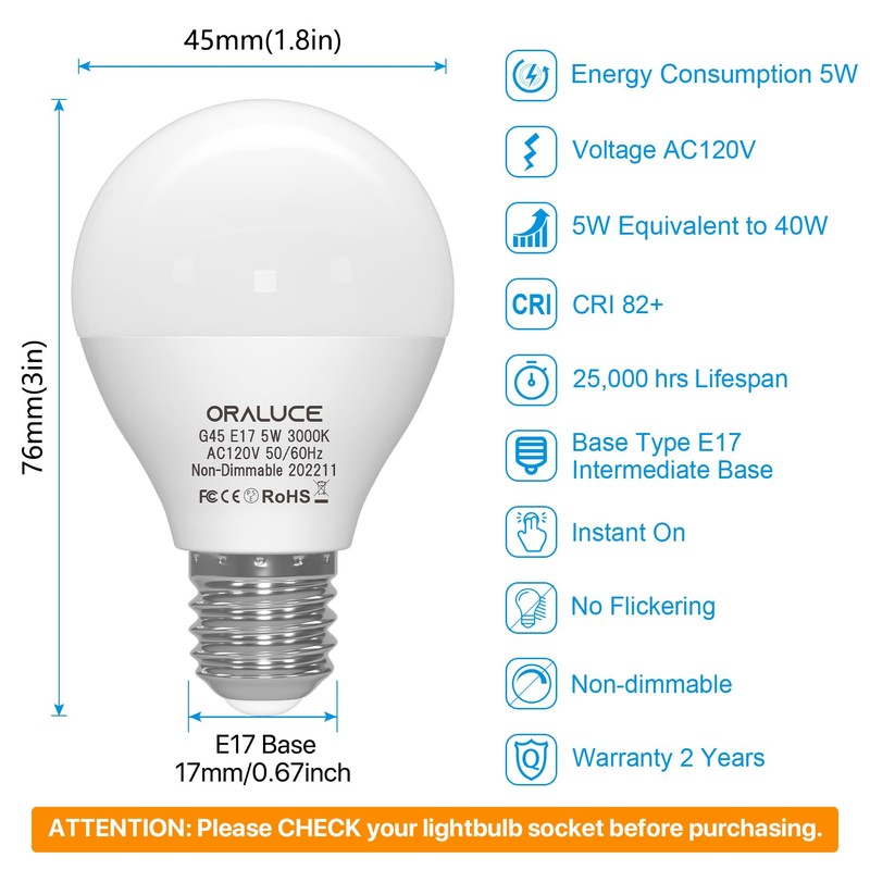 ORALUCE E17 LED Bulb 5 Watts Warm White 3000K, 40W