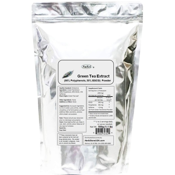 NuSci Green Tea Extract Bulk Powder Standardized 98% Polyphenols and 50% EGCG GMO Free Non-Irradiated (500 Gram (1.1 lb))