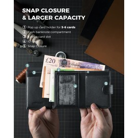 DODENSHA Card Holder Wallet Leather Wallets Mens Slim Minimalist Wallet Pop Up Design, RFID Blocking Metal Bank Card Case with Coins Pocket, ID Window, Hold up to 9 Cards, Button Lock