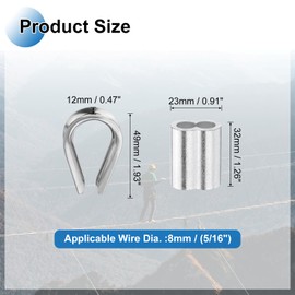 PATIKIL 12Pcs M8 304 Stainless Steel Wire Rope Kit, Wire Rope Cable Clip Clamp, Tube Thimble and Crimping Loop for 5/16 Inch Wire Rope Cable Thimbles, Silver