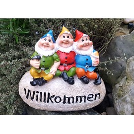 LB H&F Garden Gnomes Decorative Figure Funny Gnomes Welcome Garden Decoration Figure – Weatherproof – Frost-Proof Garden Gnome Set Outdoor (Stone)