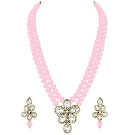 Aheli Crystal Pearl Long Collar con pendientes de caída Conjunto de joyas étnicas tradicionales indias de Bollywood para niñas