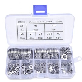 304 Stainless Steel Flat Washers Set 360pcs 8 Sizes(M2 M2.5 M3 M4 M5 M6 M8 M10) Ring Gaskets Plain Washer Kit Screw Fastener Hardware Assortment Accessories