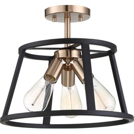 Nuvo 60/6643 Chassis 3 Light Semi-Flush Mount Fixture, Copper Brushed Brass Finish with Matte Black Frame