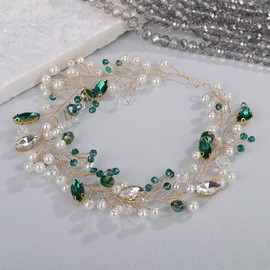Teyglen Gold Green Rhinestone Pearl Wedding Headband Bridal Hair Vine Simple Crystal Hair Piece Dainty Hair Accessories for Women Wedding Headpiece (Gold-green)