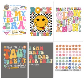 Teacher Boy Girl Kids 6 Sheets 10x10 inch Test Day Iron On Vinyl Decals for Clothing, School Testing Day Iron on Transfers Stickers Iron on Decals Ready to Press for T Shirts Hoodie DIY Crafts