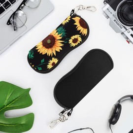 MoKo Sunglasses Soft Case 2 Pack, Ultra Light Portable Neoprene Zipper Glasses Soft Case, Eyeglass Safety Pouch Zipper Box Case with Belt Clip, Black + Sunflower