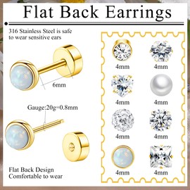 Staligue 8 Pairs Flat Back Stud Earrings for Women Hypoallergenic Stainless Steel Earrings Set Flatback Cartilage Earrings (Gold)
