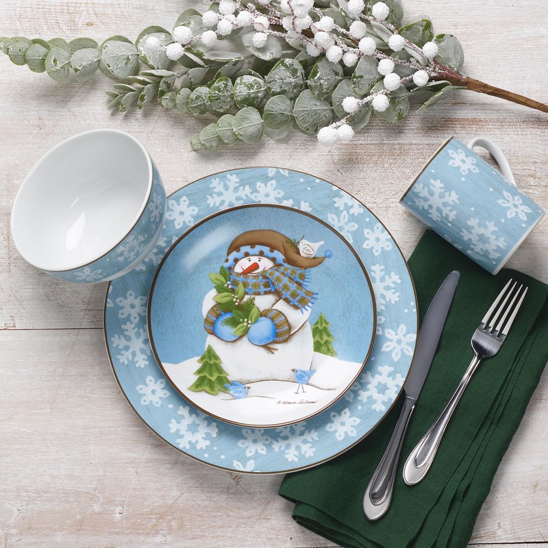 Pfaltzgraff Evergreen Ernie Dinnerware Set, 16 Piece, Blue, White