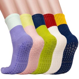 Eessmo 5 Pairs Grip Pilates Socks with Grip for Women, Non-slip Grippy Crew Socks for Yoga Barre Ballet Workout