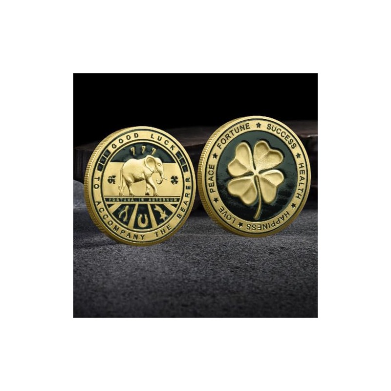HARPIMER Lucky Coin with Four Leaf Clover and Elephant and