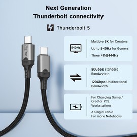 Thunderbolt 5 Cable 80Gbps, PD 240W USB C 5 Cable Support 16K/8K@60Hz Video Display Compatible with Thunderbolt 4/USB4 MacBooks,Hub,Dock,M3,eGPU,Laptops,Monitor (2 Meter)
