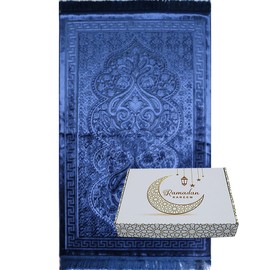 Modefa Luxury Islamic Prayer Rug in Gift Box - Deluxe Gift Set with Prayer Mat & Prayer Beads Tesbih - Soft Plush Turkish Prayer Rug for Men and Women - Ramadan or Eid Gift (Navy Blue)