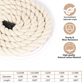 White Natural Cotton Rope, Twisted 3 Strand Cotton Rope 1/2 inch 50 ft for Crafts, Wall Hangings, Plant Hangers, Knotting