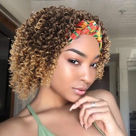 Aisaide Headband Wigs for Black Women Synthetic Short Kinky Curly Afro Golden Wig with Headband Attached Scarf Wigs Deep Curly None Lace Front Wig Head Wrap Wig 2 in 1 Synthetic Curly Hair Wigs