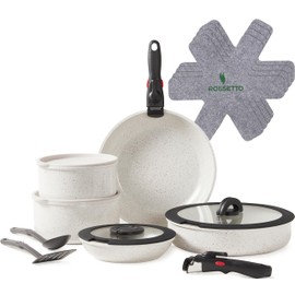 ROSSETTO 17Pcs Pots and Pans Set Non Stick, Ceramic Cookware Sets with Detachable Handle, Induction RV Kitchen Cookware Set, Stackable Non-stick Set, PFOA and PFAS Free, Oven Safe, White Granite