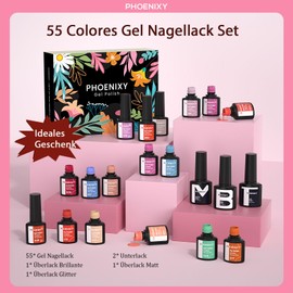 Phoenixy U V Nagellack Set 55+5 stk. Gel Nagellack U V für Nagel Design Gel Farblack mit Unterlack, Überlack, Matte Überlack Glitter Überlack