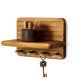 Rebee Vision Small Key Holder Wall Mount for Home Decor – Decorative 7-Inch Pine Wooden Key Holder for Wall with 4 Hooks & Mini Floating Shelf - Modern Farmhouse Home Organization (Light Brown)